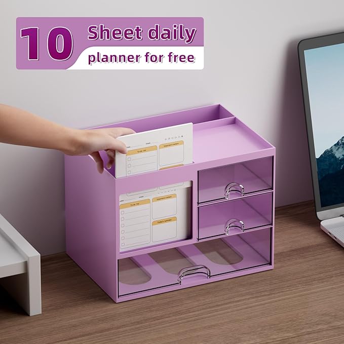 Marbrasse Desk Organizer with 3 Drawer, Multi-Functional Pencil Pen Holder, Desk Organizers and Accessories with 4 Compartments,Desktop Organizer Storage for Office Home Art Supplies (Purple)