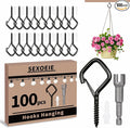 100 PCS Black Eye Screw Hooks for Hanging Heavy Duty with Safety Buckle.Metal Ceiling Hooks for Hanging Plants Cup Wind Chime Bird Feeders Patio Lights At Indoor&Outdoor