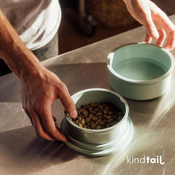 KindTail Dog Travel Bowls - Set of 2 Portable Pet Food & Water Dishes with Lid & Handle - Each Nesting Container Includes a Non-Slip Silicone Base - Microwave & Dishwasher Safe - BPA & Toxin-Free