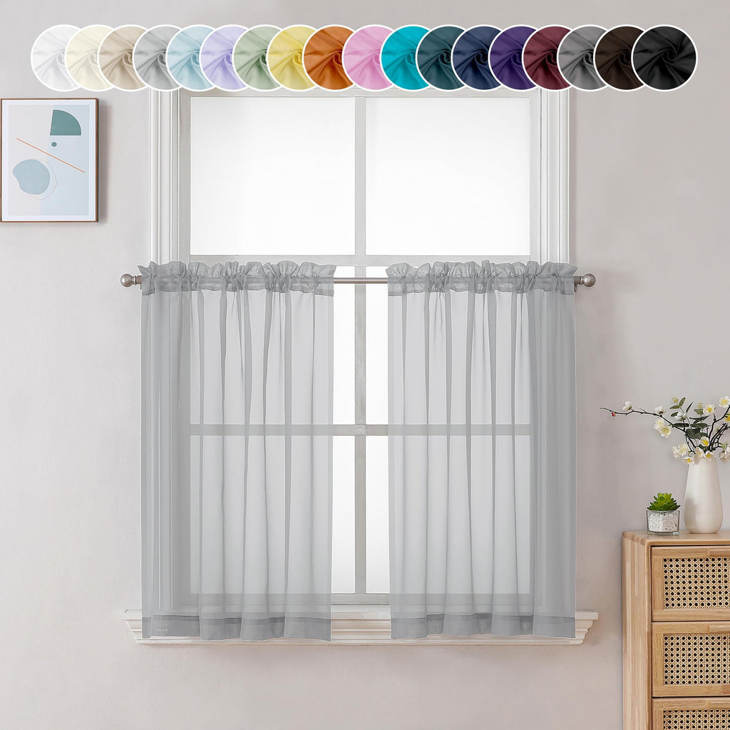 Sheer Light Grey Tier Curtains 24 Inch Length (2 Count)