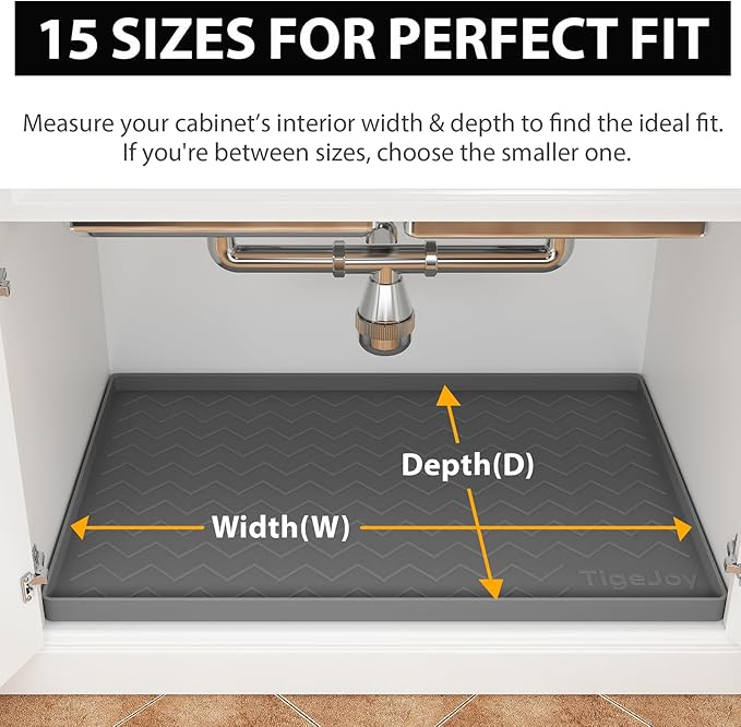 Tigejoy Under Sink Mat 22"" x 19""- Waterproof Silicone Shelf Protector for Kitchen and Bathroom Cabinets, Under Sink Drip Tray Organizer, Mat for Kitchen Cabinet Organizers and Storage, Light Gray