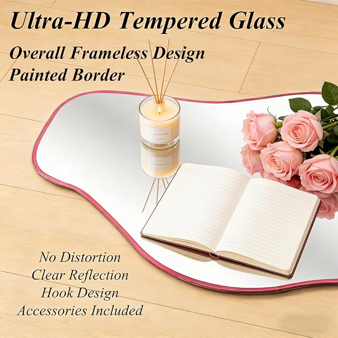 Large Irregular Mirror, 54.5"x24" Asymmetrical Tempered Glass Mirror, Pink Modern Organic Frameless Mirrors for Living Room Bedroom Hallway Entryway, Horizontal or Vertical Hanging