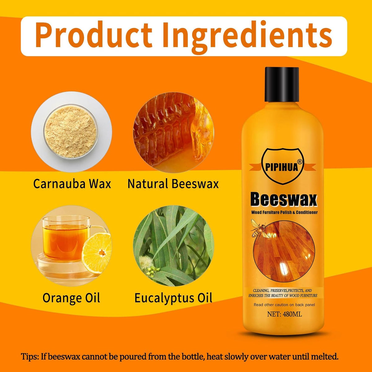 PIPIHUA Beeswax Polish and Conditioner for Wood Furniture - Waterproof & Restorer Wood Wax, Multipurpose Beeswax Furniture Polish and Cleaner for All Types and Colours 16.23 Fl Oz, 2 Pack