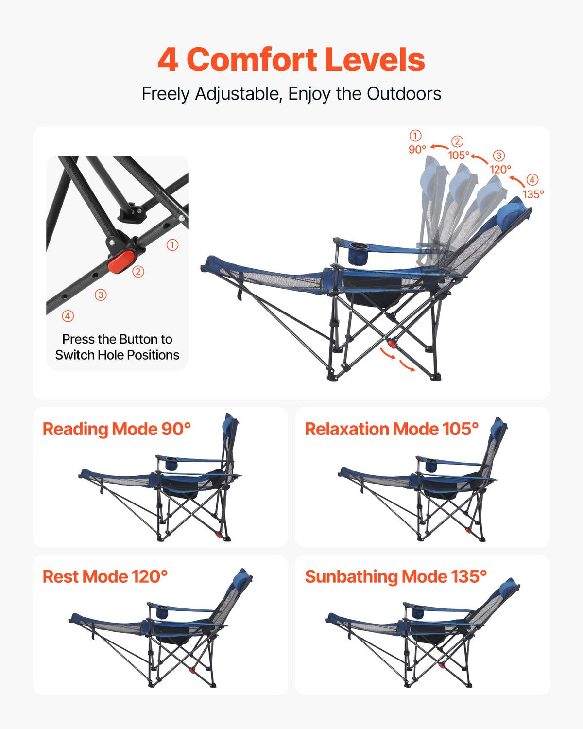 VEVOR 2-in-1 Reclining Camping Chair with Footrest for Adults, 4 Adjustable Positions, Portable Folding Lounger, Lightweight Mesh Beach Chair Supports 300lbs, Heavy Duty Camp Chairs Outdoor, Blue