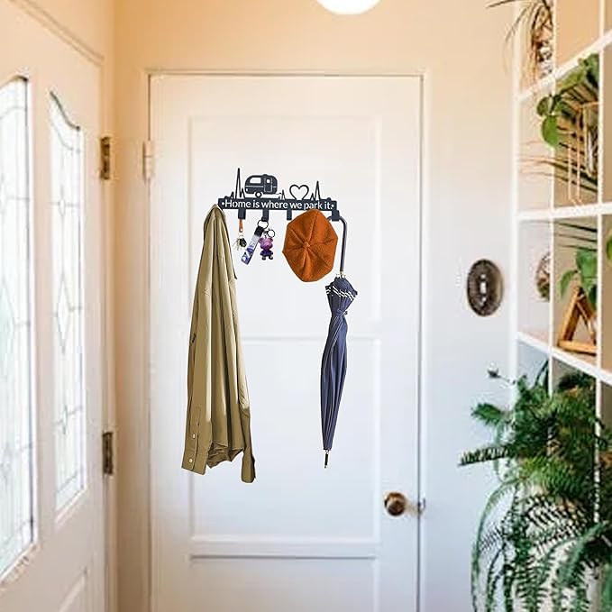 Key Holder Wall Mount with 6 Hooks, Happy Camper Key Rack Organizer for Entryway, Kitchen, Office - Rustproof, Waterproof - Easy Installation, Gift for New Homeowners - 9.8inch/25cm