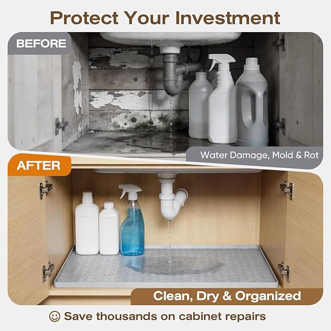 TRZZ Silicone Waterproof Under Sink Mat 31" x 22", Drip Tray and Cabinet Liner for Kitchen and Bathroom, Prevents Water Damage and Organizes Cabinets (Brown)