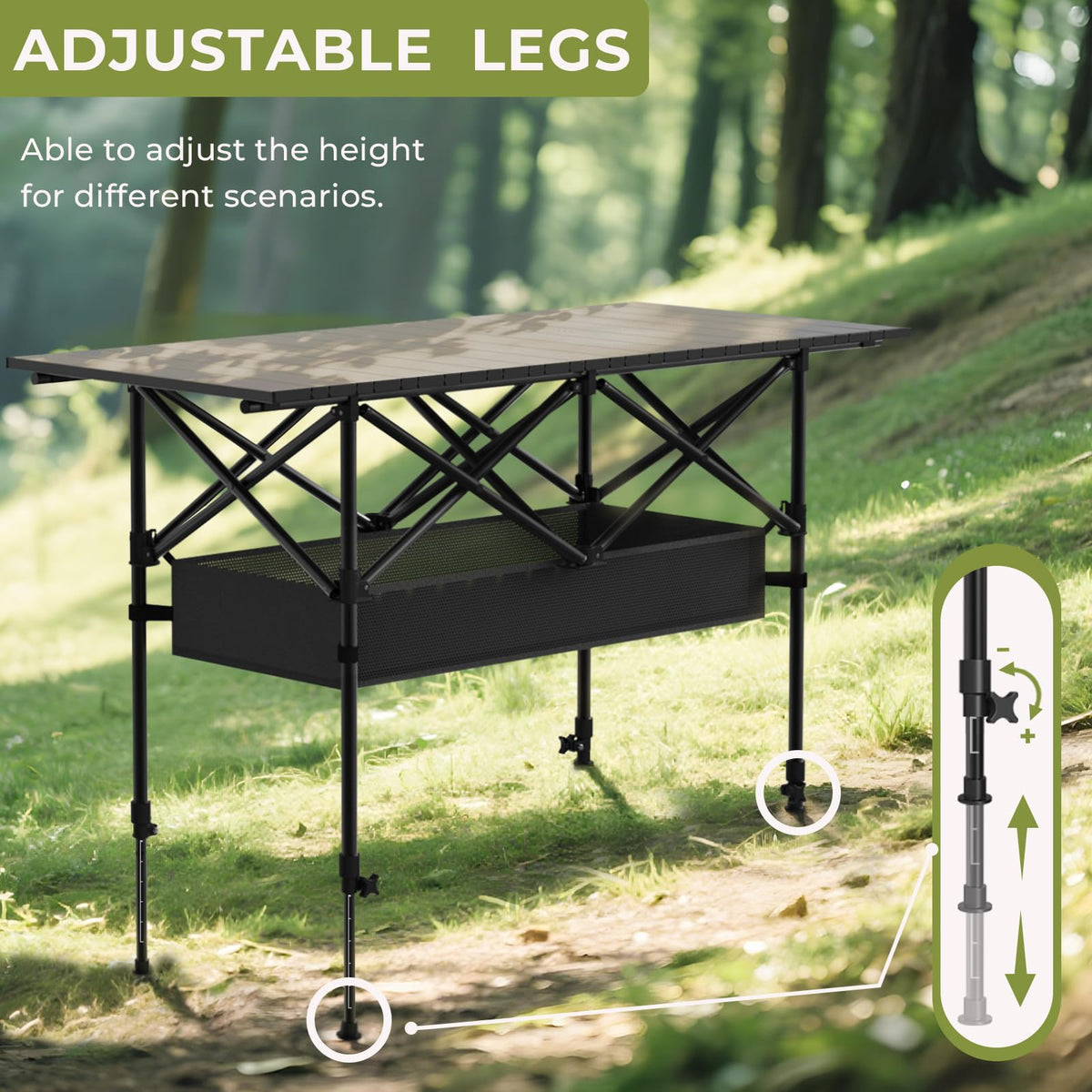 Hsundries 4FT Folding Camping Table,Portable Roll-up Picnic Table with Carry Bag & Mesh Storage,Lightweight Camp Table for Camping,Picnic,Backyard,Party,Patio,BBQ