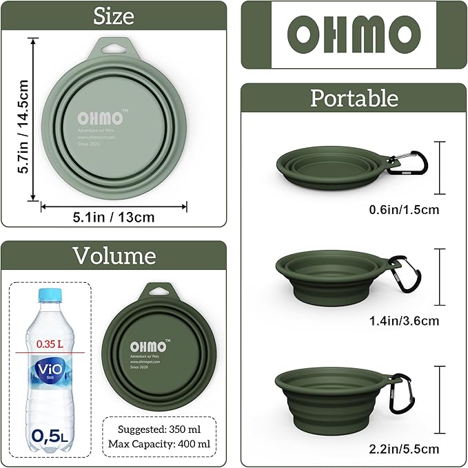 OHMO Collapsible Dog Bowl(2 Pack, Camo&Light Green 12oz/400ml) Premium Silicone Pet Water Bowls for Cats & Dogs, Portable Dog Travel Bowls Foldable for Outdoor Camping Hiking