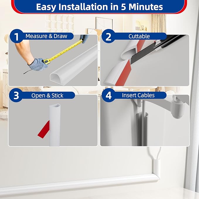 118" Side Buckle Cable Hider for 1 Cords,Extension Cord Covers for Wires On Wall,Adhesive Cord Hider for Wall Mount Tv, Wire Channel for Cable Concealer,Cable Raceway Home & Office,White