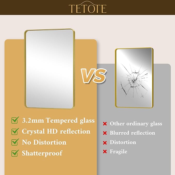 TETOTE Brushed Gold Bathroom Mirror 40 x 24 Gold Metal Framed Bathroom Mirror, Tempered Glass, Modern Farmhouse Wall Mounted Mirror for Decorative(Horizontal/Vertical)