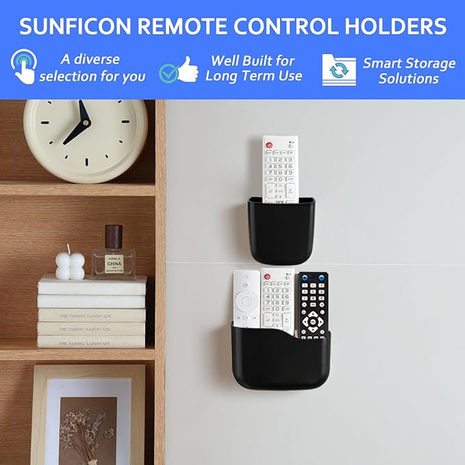 Remote Holder Wall Mount TV FAN Remote Control Holder Bedside Caddy Wall Organizer Phone Holder for Office Adhesive Media Player Controller Holder Box Tray Home Desk Nightstand 2 BIG 2 SMALL BLACK