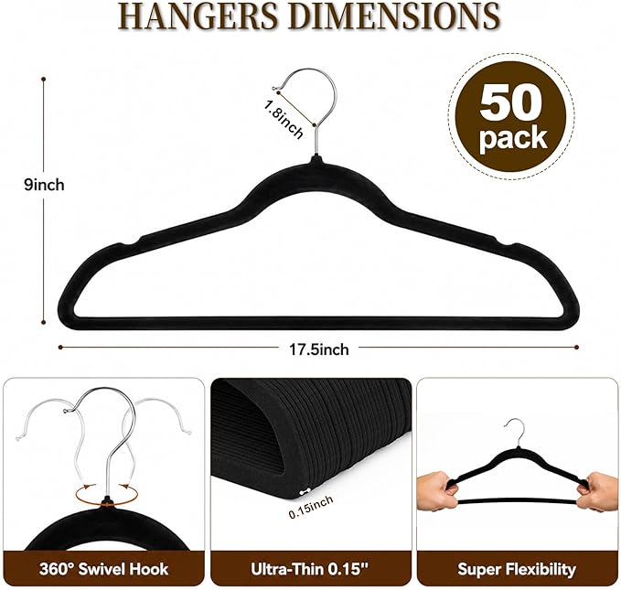 Velvet Hangers 50 Pack, Non Slip Clothes Hangers with Shoulder Notches, Slim Felt Hanger with 360° Swivel Hook, Space-Saving, for Coat, Shirt, Pants, Dress, Suits, Black