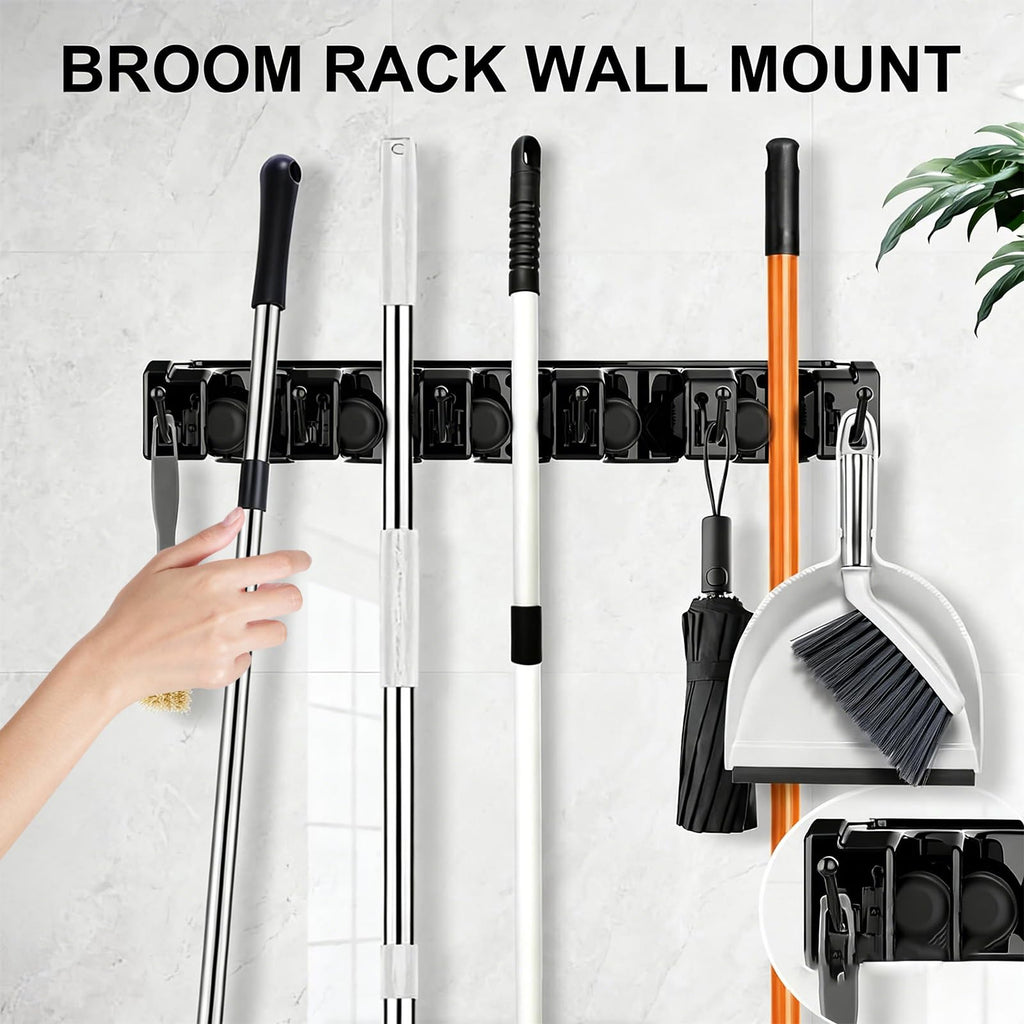 Broom Holder Wall Mount with Hooks & Slots