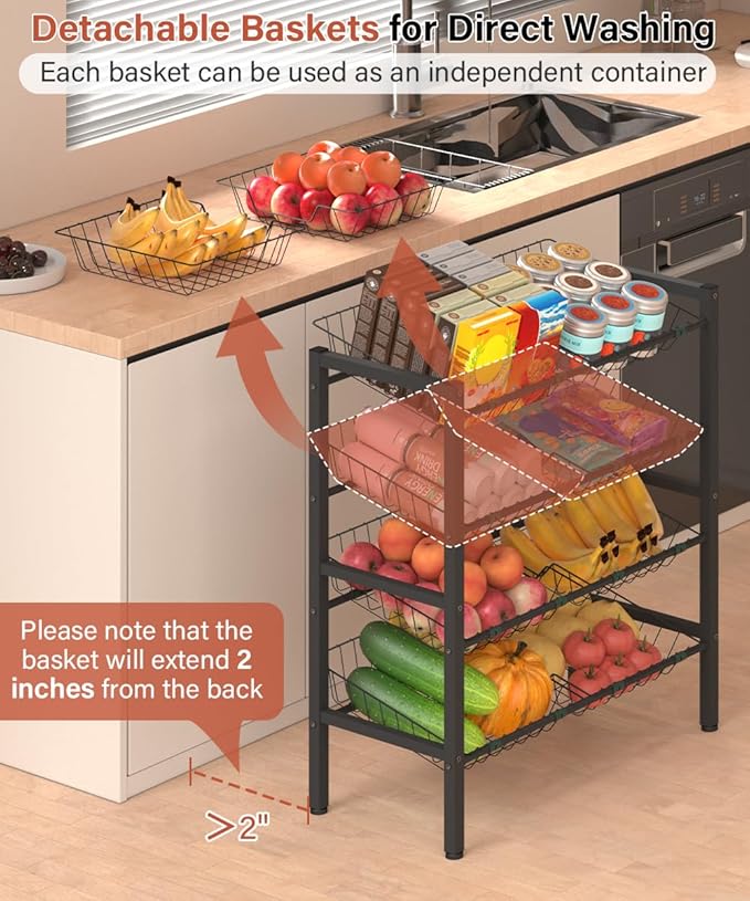 4-Tier Kitchen Storage Rack, Metal Pantry Storage Stand, Fruit Basket Stand with 8 Fruit Vegetable Baskets, Freestanding Snack Organizer Shelf Unit for Living Room, Office, Apartment, Black