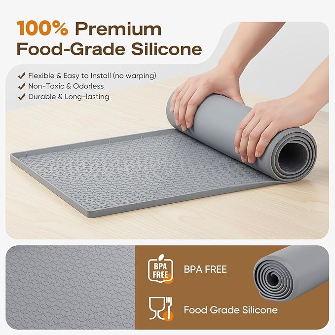 TRZZ Silicone Waterproof Under Sink Mat 34" x 22", Drip Tray and Cabinet Liner for Kitchen and Bathroom, Prevents Water Damage and Organizes Cabinets (Beige)