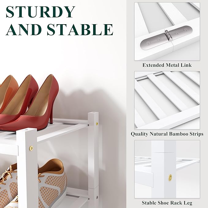 Smiry Long Bamboo Shoe Rack, 2 Tier Free Standing Wooden Shoe Organizer, Stackable Wood Shoe Storage Shelf for Closet, Entryway, 12 Vertical Slats, One-piece Standard Legs, 33.7"x11"x13", White