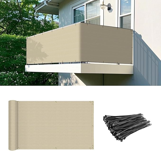 2.5' x 55' Balcony Privacy Screen Fence Cover with Zip Ties Grommets for Apartment Patio Porch Deck Backyard Outdoor (Beige)