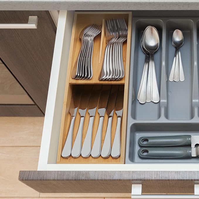 guiogc Bamboo Silverware Drawer Organizer, Kitchen Cutlery Tray,Utensil Holder for Spoons, Forks, Knives in Kitchen