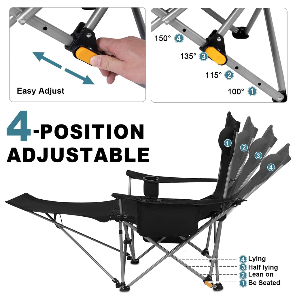 Romswi 2Pack 4-Position Reclining Camping Chair with Removable Footrest, 2-in-1 Adjustable Portable Lounge Chair with Cooler Bag, Cup Holder, Side Pockets & Carry Bag for Outdoor, Black