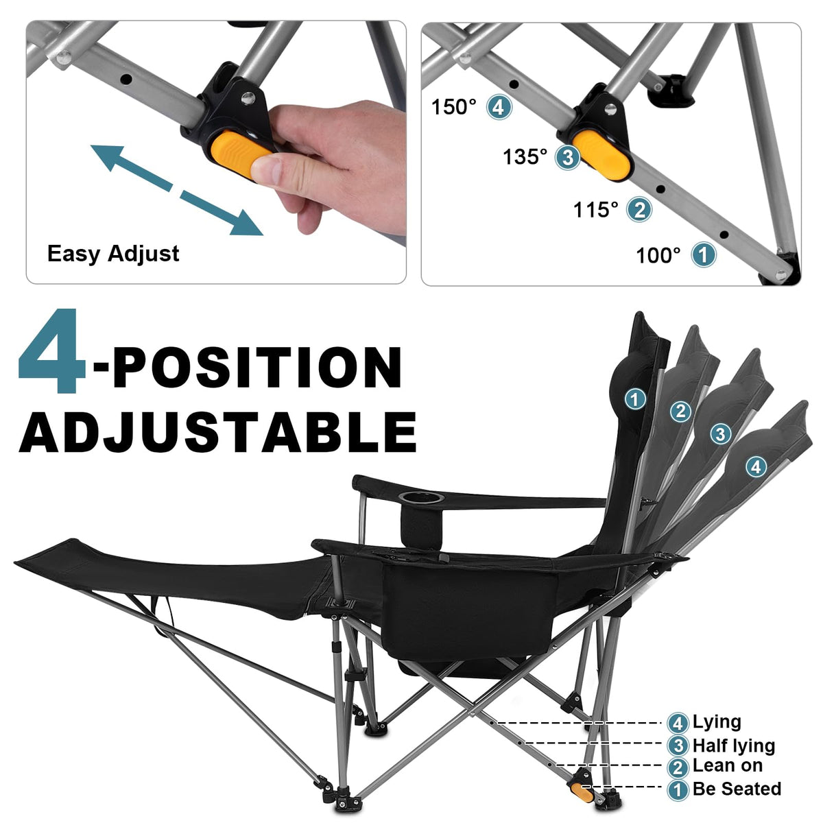 Romswi 2Pack 4-Position Reclining Camping Chair with Removable Footrest, 2-in-1 Adjustable Portable Lounge Chair with Cooler Bag, Cup Holder, Side Pockets & Carry Bag for Outdoor, Black