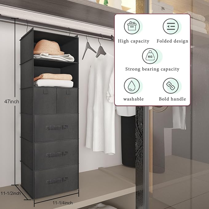 6-Shelves Hanging Closet Organizer with 5 Different Drawers, Foldable Closet Organizers and Storage for Wardrobe, Closet& RV, Clothes and Accessories Storage, Non-Woven Fabric, Black