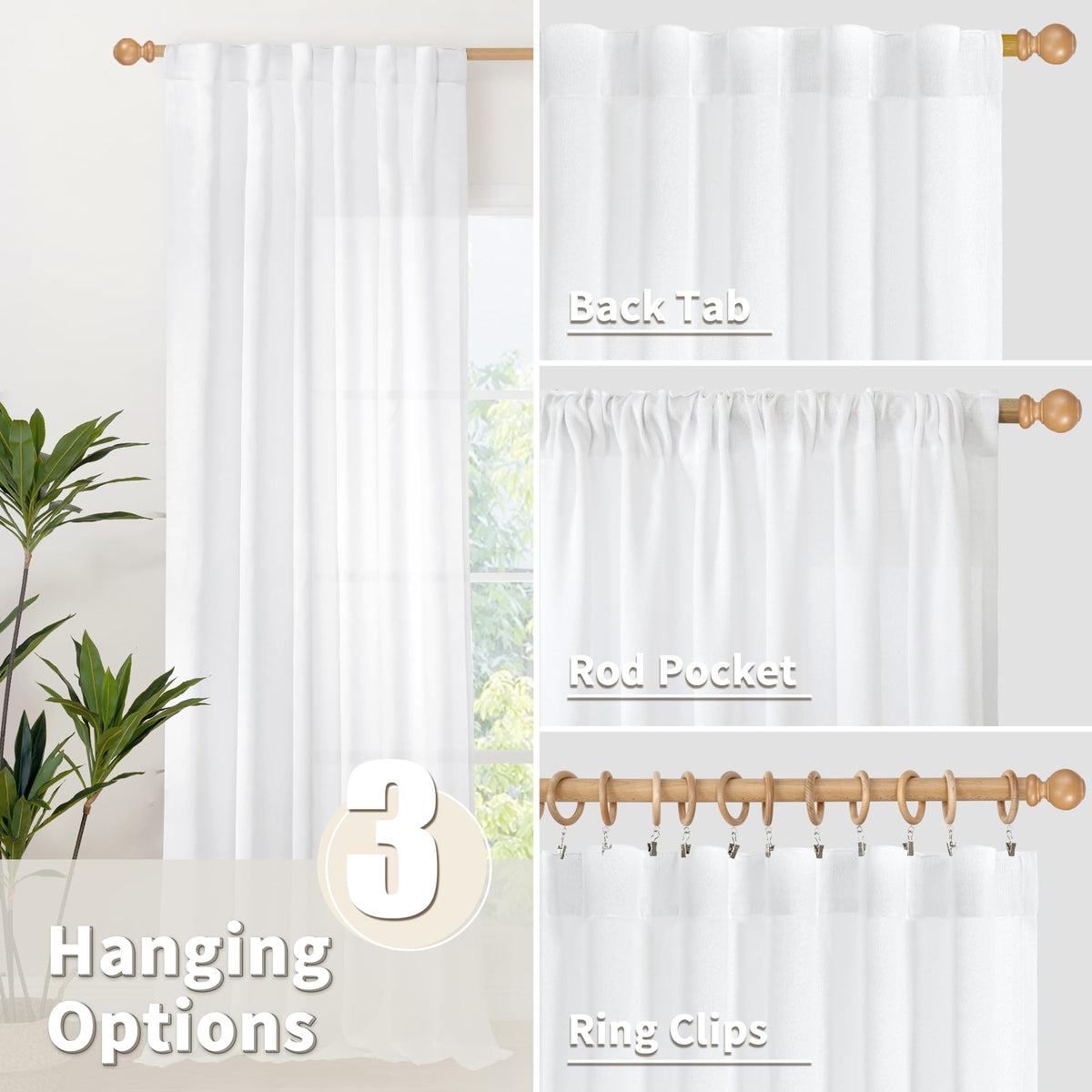 White Linen Curtains 52 X 63 Inch Length 2 Panels for Living Room (2 Count)