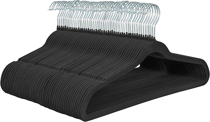 Velvet Hangers 50 Pack, Non Slip Clothes Hanger Felt Hanger with Pants Bar Slim Space Saving Suit Hangers for Closet Organizer, Heavy Duty Coat Hanger, 360° Rotating Hook(Black)