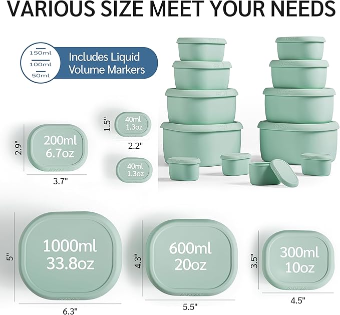 ISSEVE 12Pcs/Set Nesting Silicone Food Storage Containers with Lids, BPA Free Reusable Meal Prep Silicone Containers Airtight, Freezer Dishwasher Safe (33.8oz, 20oz, 10oz, 6.7oz, 1.3oz) (Green)