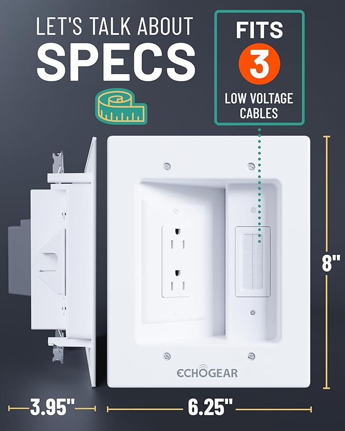 ECHOGEAR TV Cord Hider for Wall Mounted TV – Dual Outlet in-Wall Cable Management Kit for Power & Low Voltage Cables – Includes 6.25”L x 8”H x 3.95”D Module, Wall Template, Saw, 6ft Extension Cord