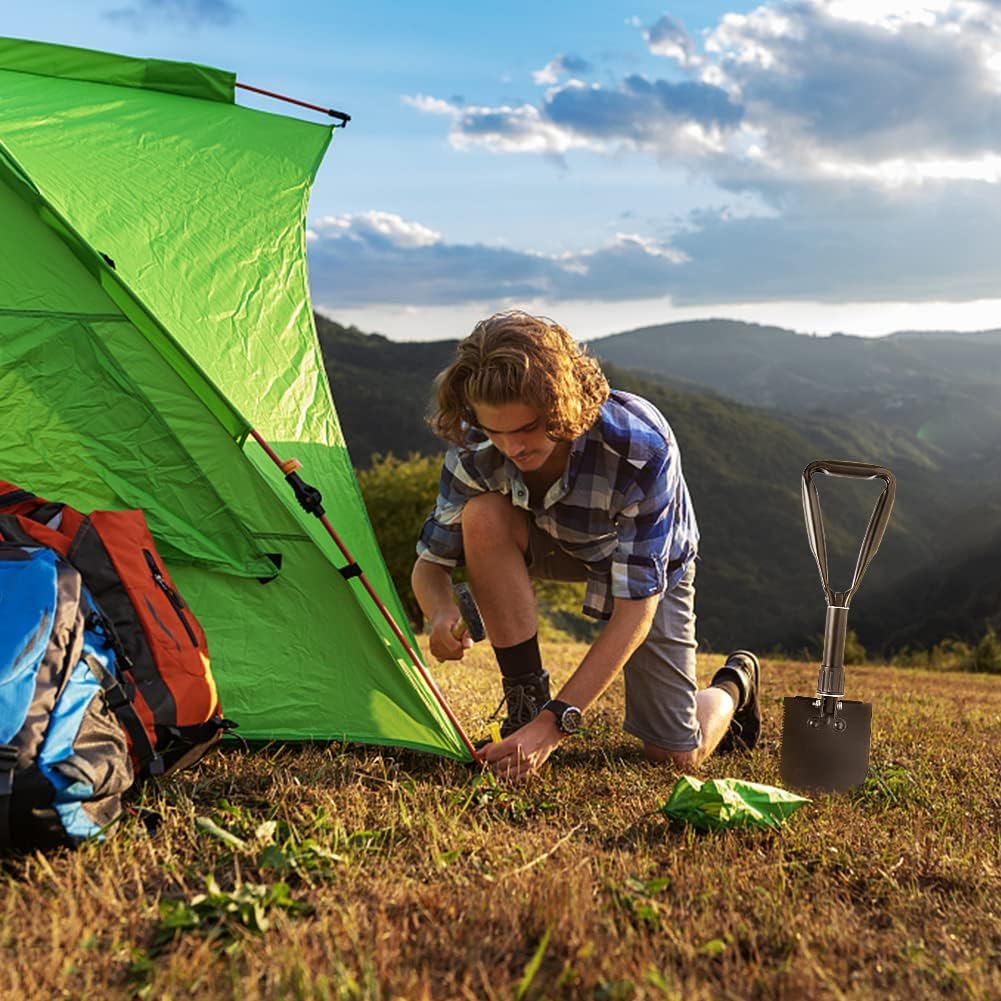 PLACHIDAY Camping Shovel Set, 3-in-1 Ultra-Light Aluminum Mini Shovel & 18.5'' Folding High Carbon Steel Shovel Ideal for Gardening, Hiking, Camping, Backpacking, Survival, and Emergency scenarios
