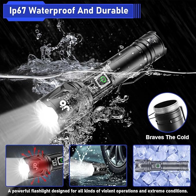 JAY-PARK High Lumen Flashlight - 10000 Lumens, Rechargeable 5000mAh with LCD Display, Zoomable Long Beam (3000m), IP67 Waterproof, 5 Modes & Belt Clip - for Camping, Dog Walking