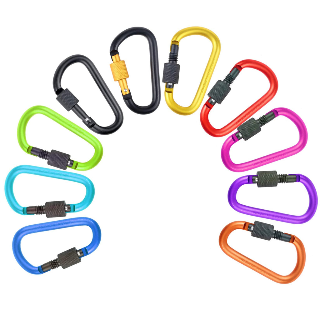 10 Pack Aluminum D Ring Key Rings Hiking Clips Locking Carabiner for Hiking Camping Fishing and Outdoor Use，Clips with Screw Gate Multicolored