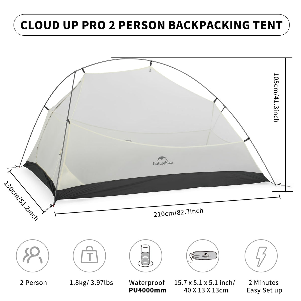 Naturehike Cloud up Pro 2 Person Tent, Double Layer Waterproof Two Person Tent,Ultralight 2 Person Backpacking Tent with Footprint
