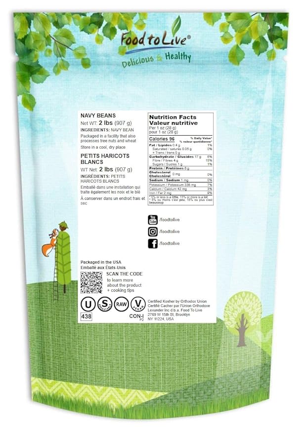 Food to Live Navy Beans, 2 Pounds Raw, Dried, Vegan, Kosher, Whole Small White Kidney Beans in Bulk, Good Source of Protein, Fiber, Folate, and Copper. Low Sodium. Great for Cooking and Soups