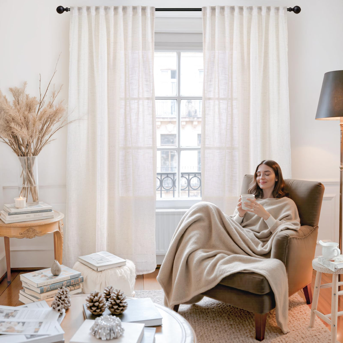 Natural Linen Curtains 90 Inches Long for Living Room (2 Count)