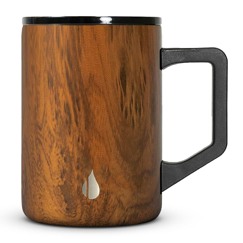 Elemental Insulated Coffee Mug - Triple-Wall Stainless Steel Summit Travel Cup for Hot and Cold Drinks - Thermal Coffee Mug with Lid and Handle for Camping, Office & Travel 16oz - Teakwood