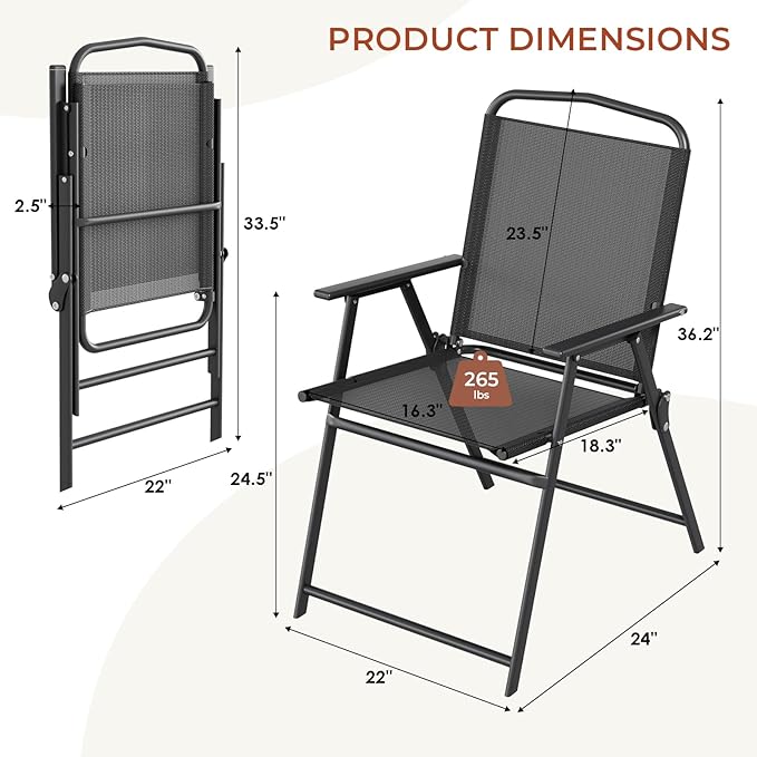 TLSUNNY Patio Folding Chairs Set of 2, Portable Dining Lawn Chairs, Outdoor Folded Furniture W/Breathable Textilene & Steel Frame, Armrests & Crossbar, All Weather for Pool, Camping (2, Black)