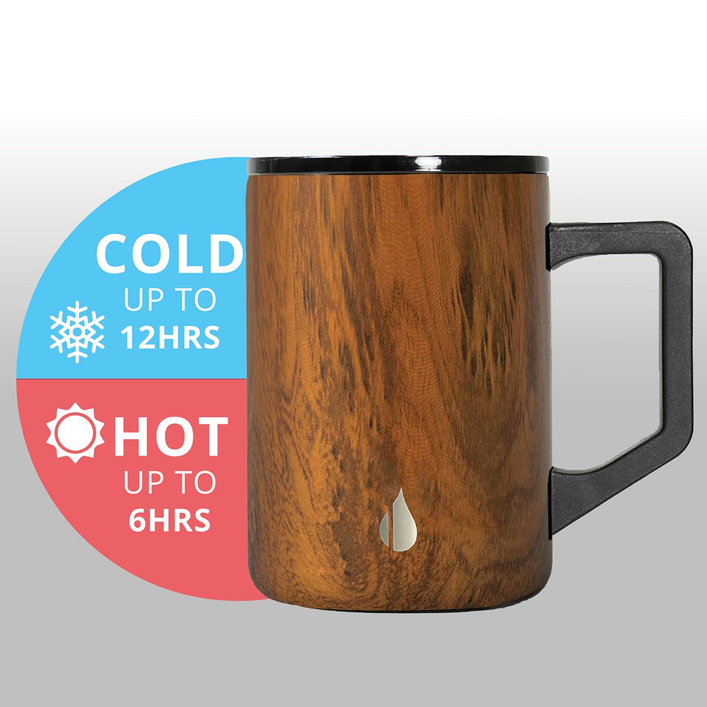 Elemental Insulated Coffee Mug - Triple-Wall Stainless Steel Summit Travel Cup for Hot and Cold Drinks - Thermal Coffee Mug with Lid and Handle for Camping, Office & Travel 16oz - Teakwood
