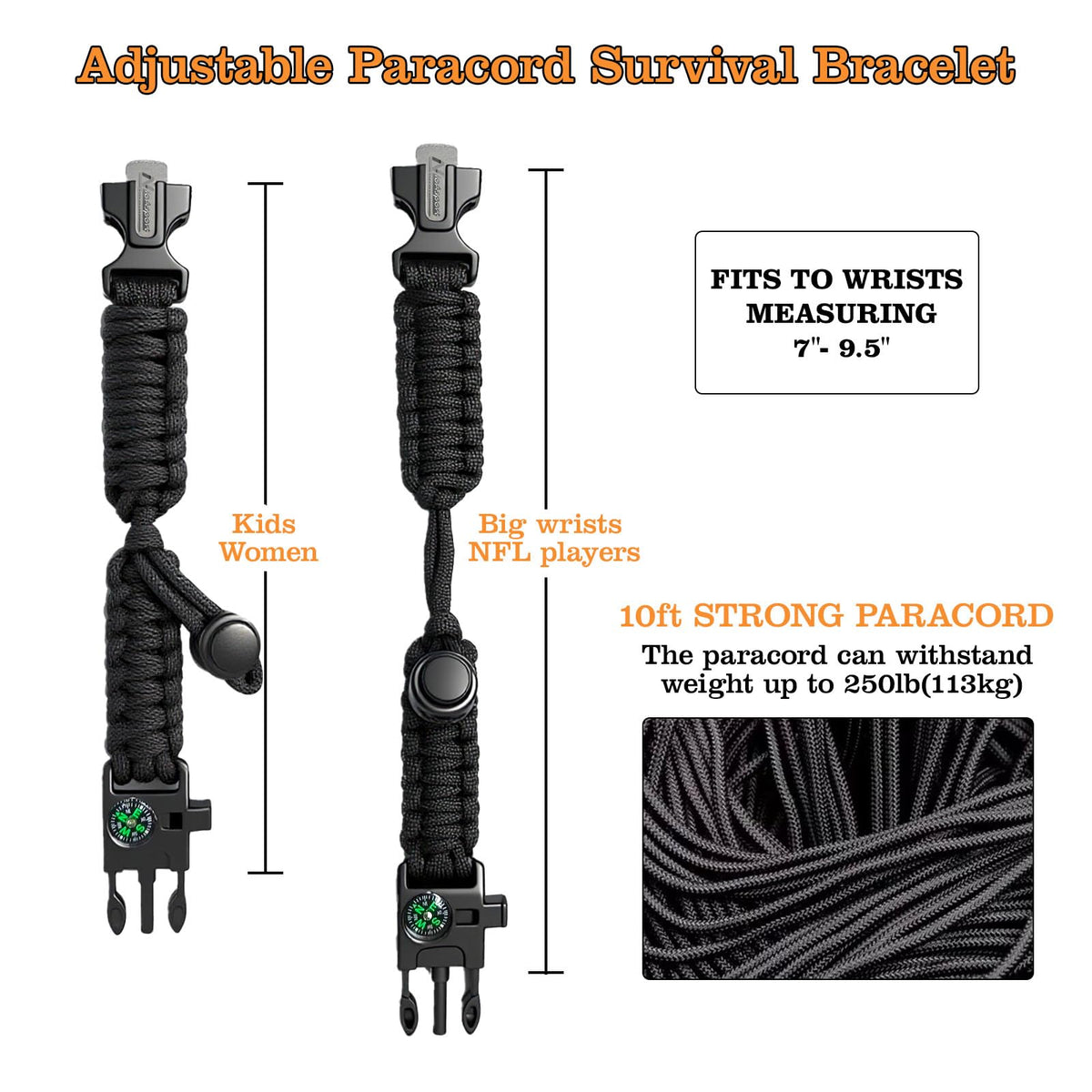 NVioAsport Paracord Survival Bracelet (3 Pack) - Adjustable with Fire Starter, Whistle, Compass - Survival Gear for Hiking, Camping, Fishing, Gifts for Men Dad Husband