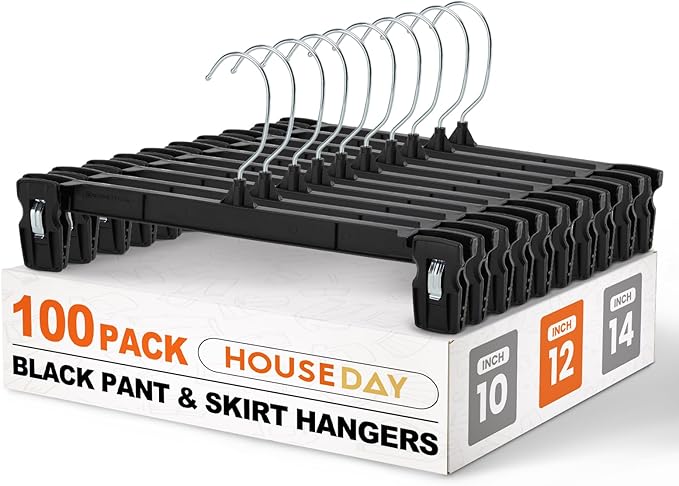 HOUSE DAY Pants & Skirt Hangers - 100 Pack Pants Hangers with Non-Slip Big Clips - Black Plastic Hanger for Shorts, Shirts, Jeans, Slacks, Clothes - Durable, Slim & Space Saving - 12 Inch