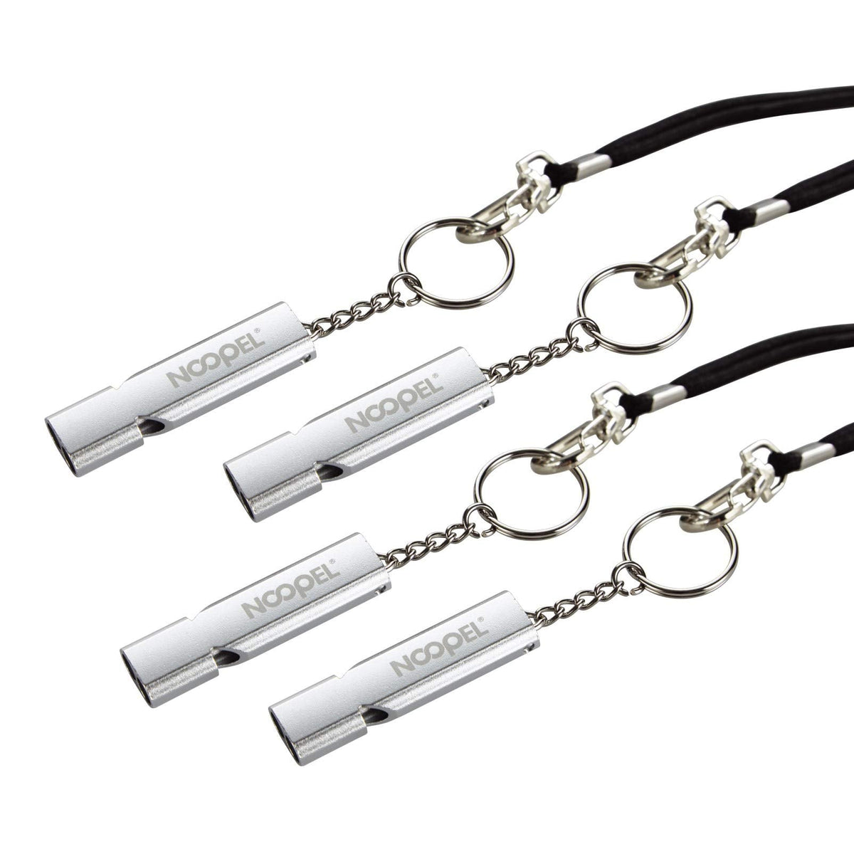 Noopel Emergency Whistles Lifeguard Safety Whistle with Lanyard and Keychain for Outdoor Camping Hiking Boating Hunting Fishing Kayak Kids Rescue Signaling Loud Survival Whistle (4 Pack Silver)