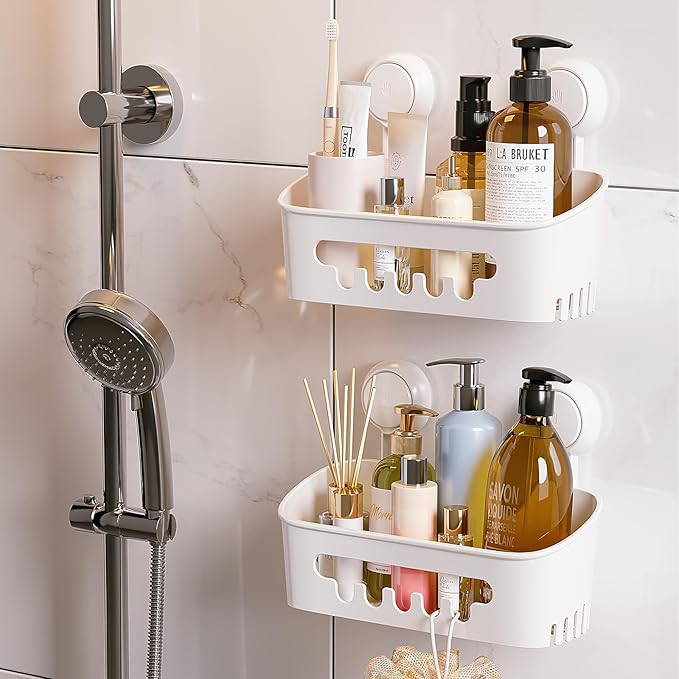 TAILI Shower Caddy Suction Cup 2 Pack, Heavy Duty Bathroom Organizer, Removable Shelves for Inside Shower, Shampoo, Waterproof Suction Plastic Storage for Bathroom Accessories Holder, White