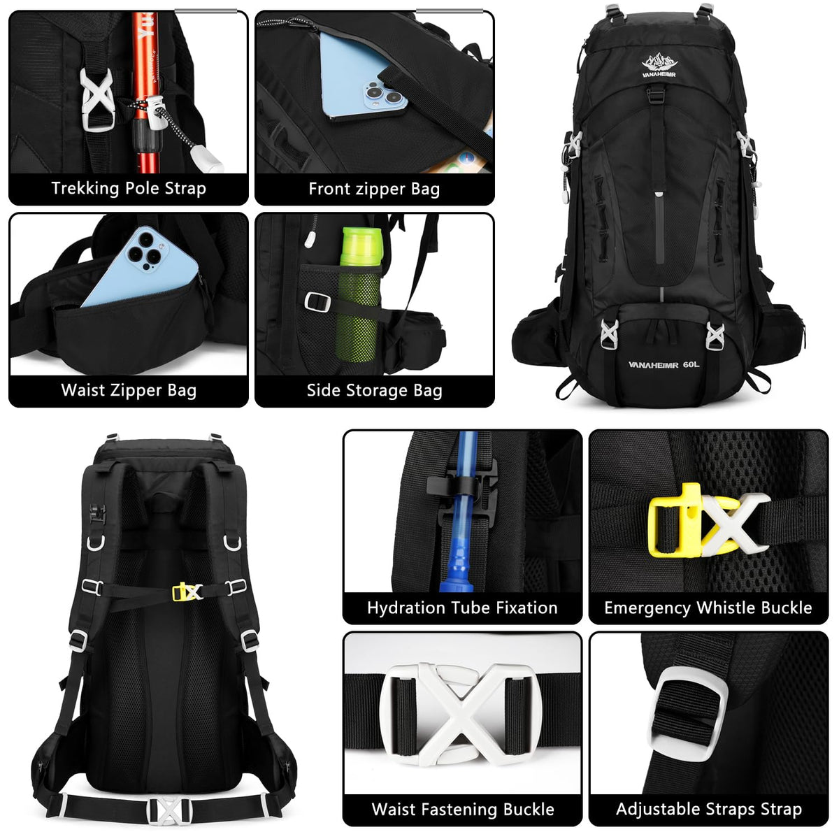 Esup 50L Camping Hiking Backpack Men with rain cover 45l+5l Lightweight Backpacking Backpack Travel Backpack (Black New)