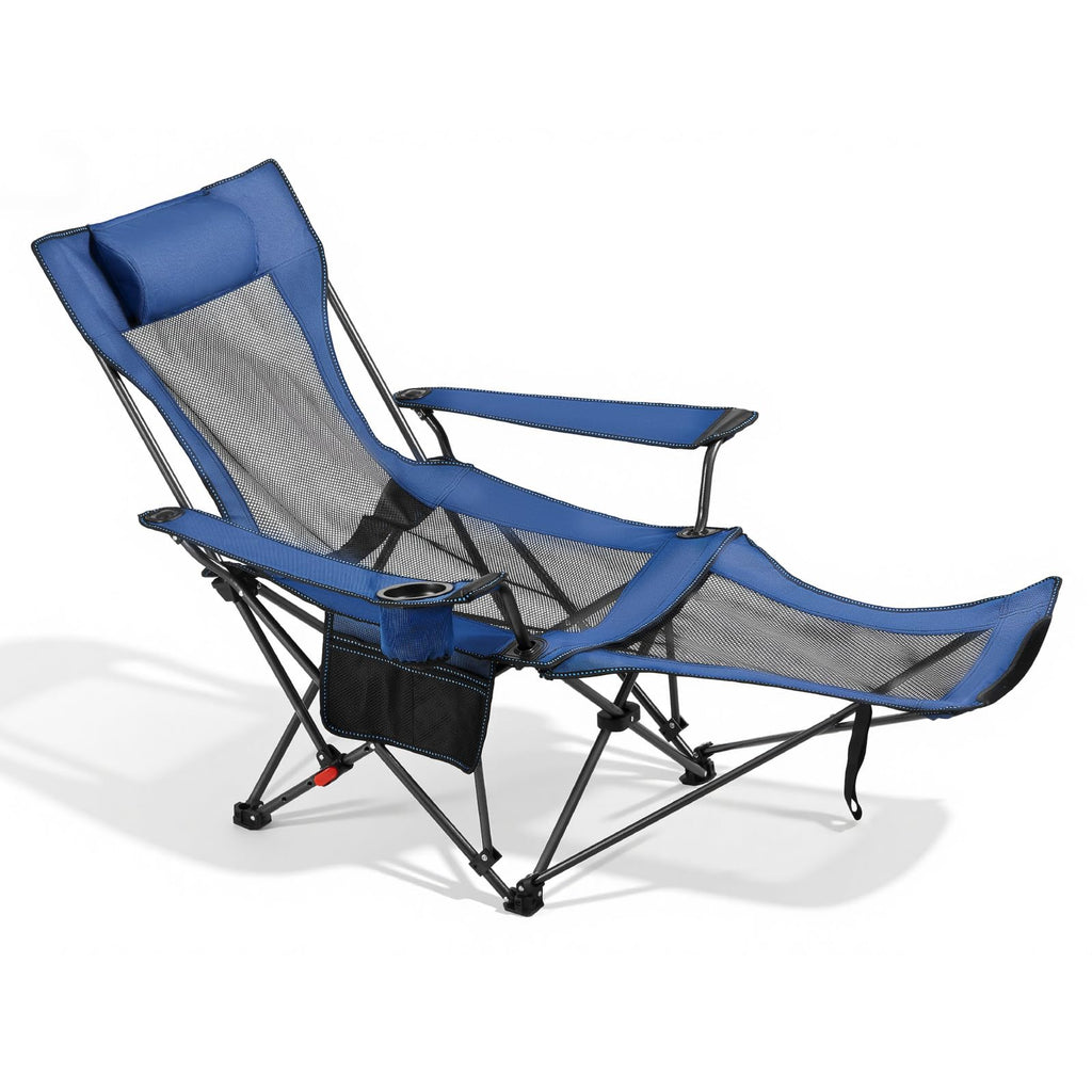 VEVOR 2-in-1 Reclining Camping Chair with Footrest for Adults, 4 Adjustable Positions, Portable Folding Lounger, Lightweight Mesh Beach Chair Supports 300lbs, Heavy Duty Camp Chairs Outdoor, Blue