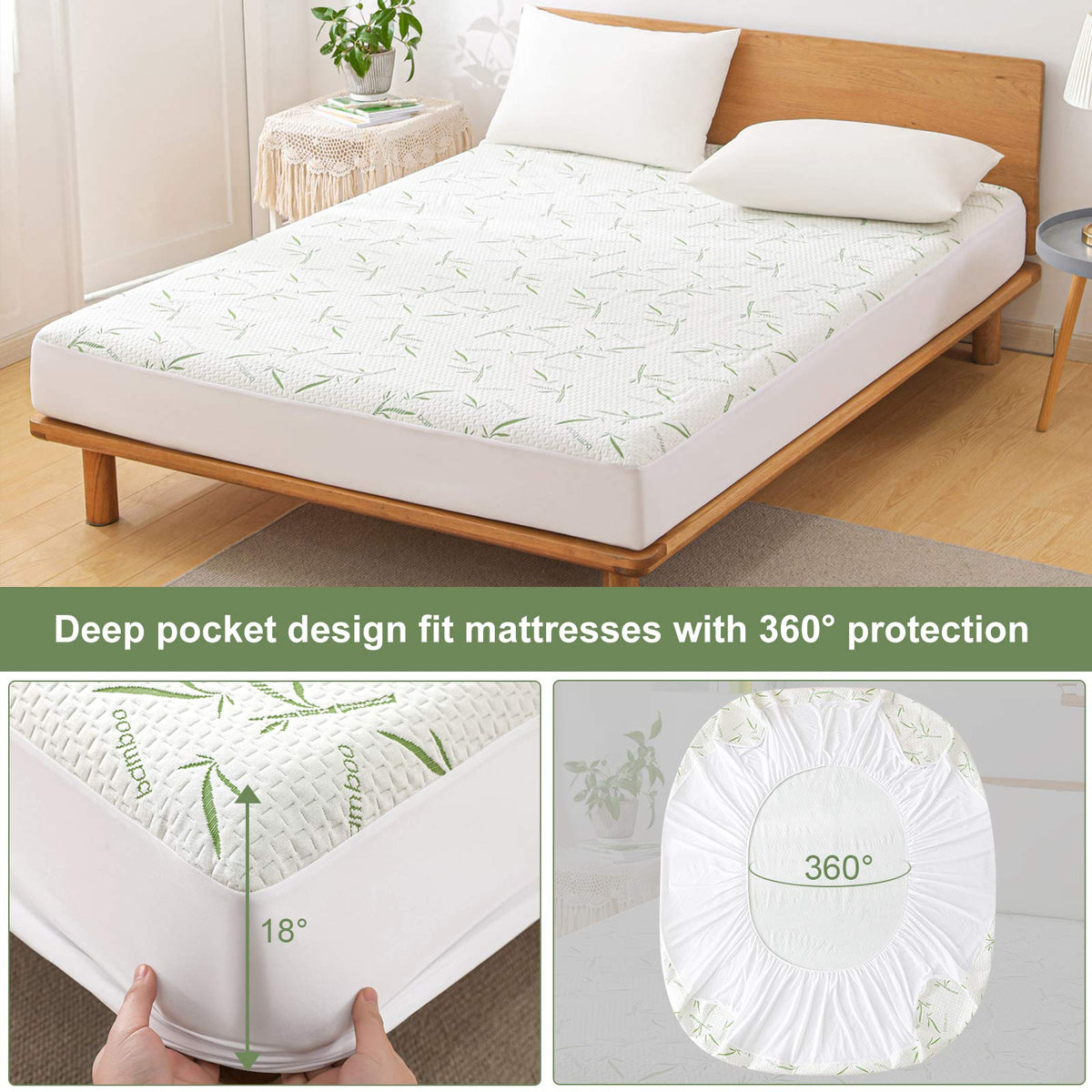 Full Size Mattress Protector Waterproof Mattress Pad Washable Bamboo Rayon Mattress Cover Breathable Noiseless Bed Protector 5"