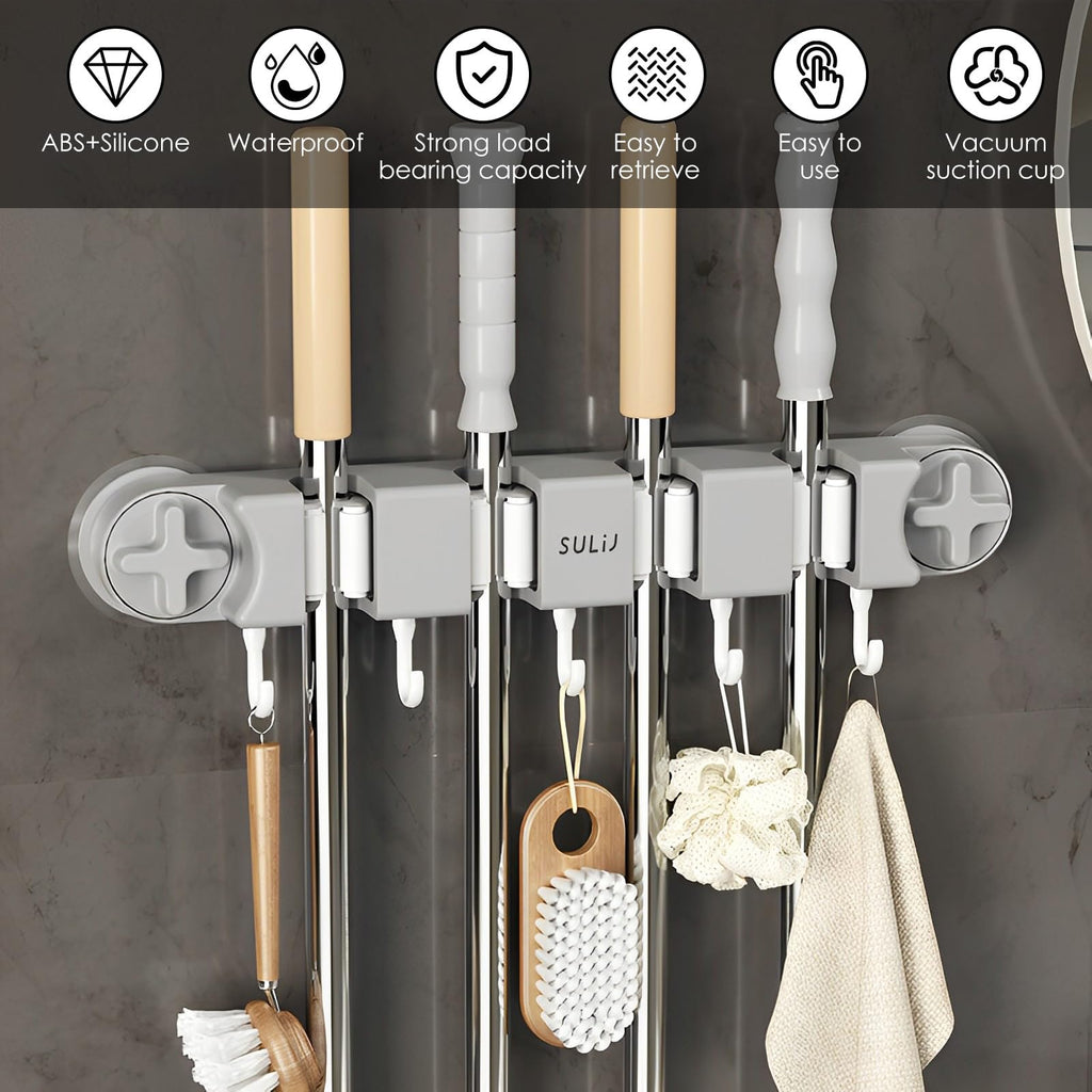 Broom Holder Wall Mount Sturdy Mop and Broom Organizer with 4 Racks and 5 Hooks Vacuum Suction Cup Broom Mop Holder for Home