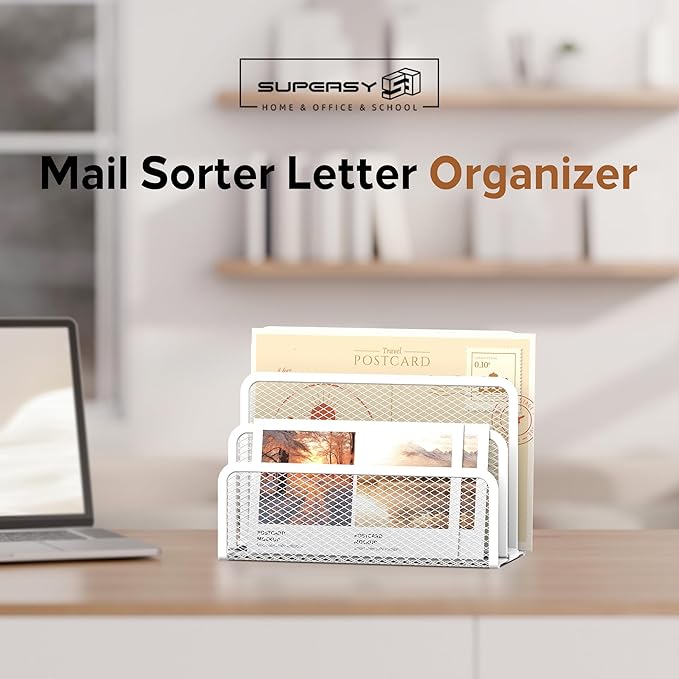 SUPEASY Mail Organizer for Desk, Mesh Metal Mail Holder Countertop with 3-Slot, Letter Sorter File Holder, Office Envelope Organizer for Mails (White)