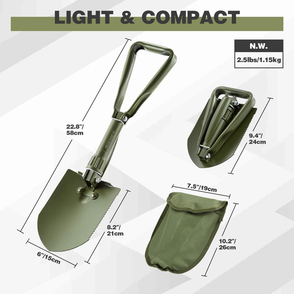 REDCAMP 23" Military Folding Camping Shovel w/Cover,Portable Shovel with High Manganese Steel, Tactical Entrenching Tool Tri-fold Handle Shovel for Camping Hiking Sand Mud Snow Beach, Green 2.5Lbs