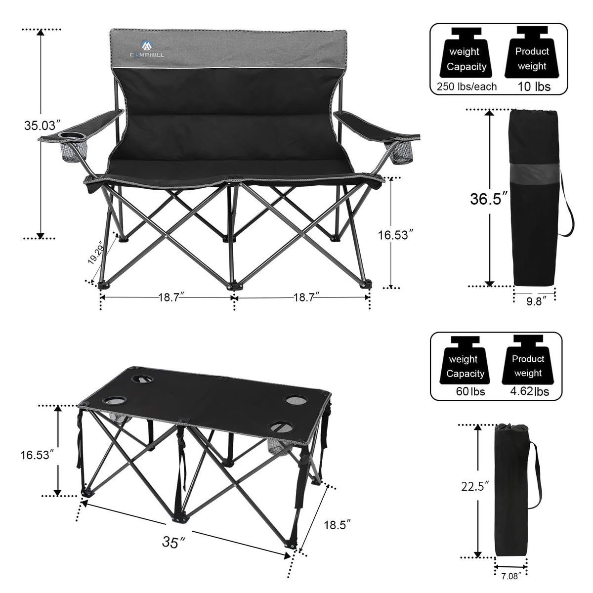 CAMPHILL Camping Chair Set of 4 - Outdoor Folding Chairs With Table, Heavy Duty Lawn Chair With Cup Holder, Collapsible Set Include One Sofa Chair, Two Single Chairs and Table