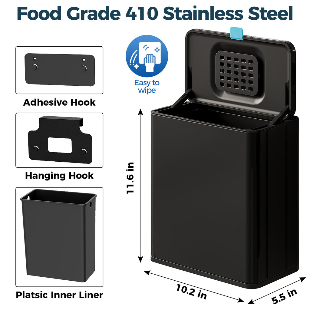 Stainless Steel Hanging Trash Can with Lid and Inner Bucket